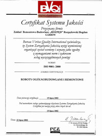 Certyfikat Systemu jakości ISO 9001:2000